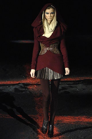 red hooded dress with pleats