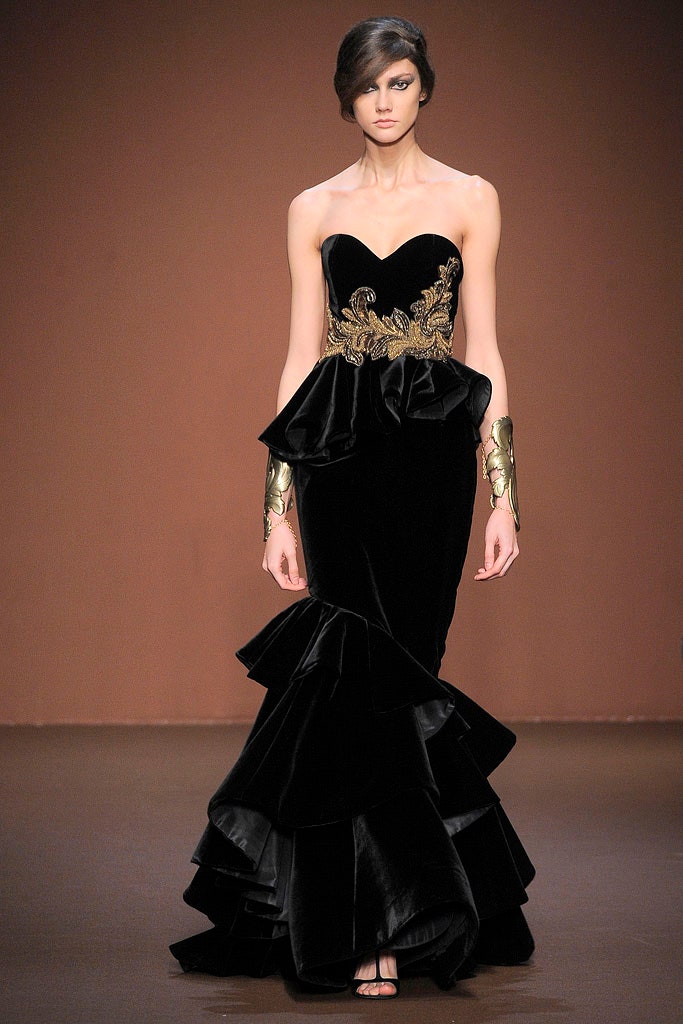 black velvet strapless fitted ruffled embroidered maxi gown