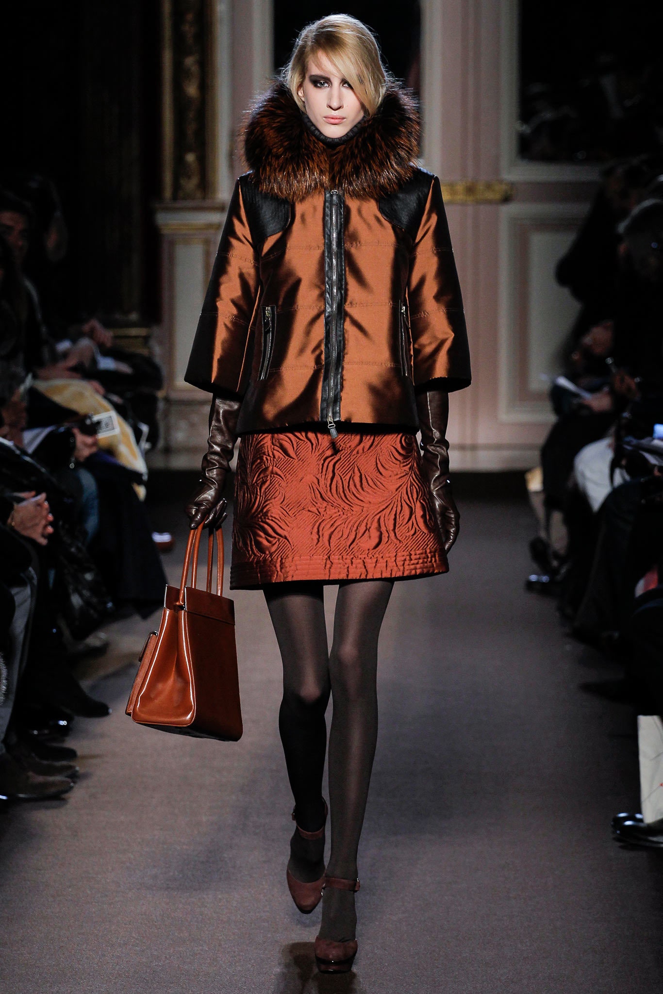 brown silk jacket with mini skirt