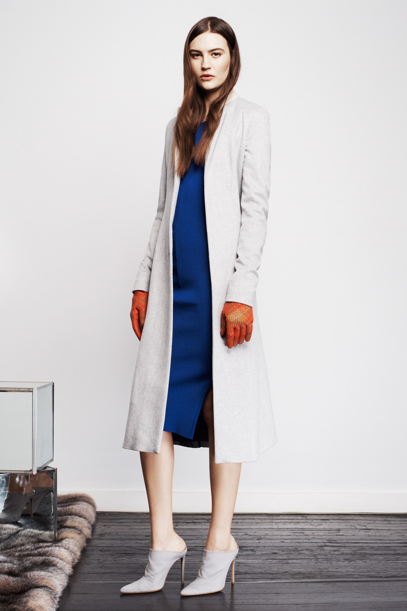 gray coat blue dress with gloves