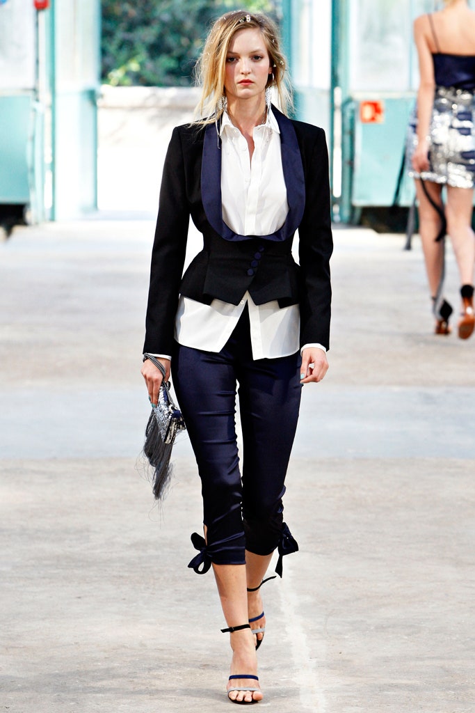 blue cotton fitted high-waisted zippered pants