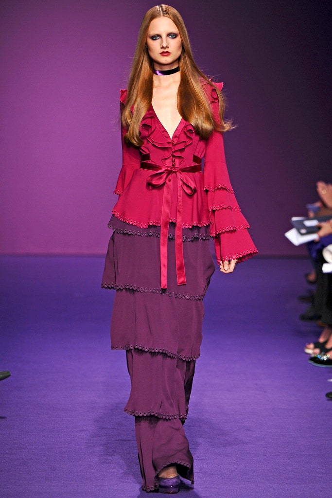 purple and pink ruffled maxi dress