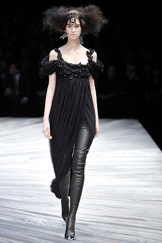 black silk off-shoulder dress with leather pants