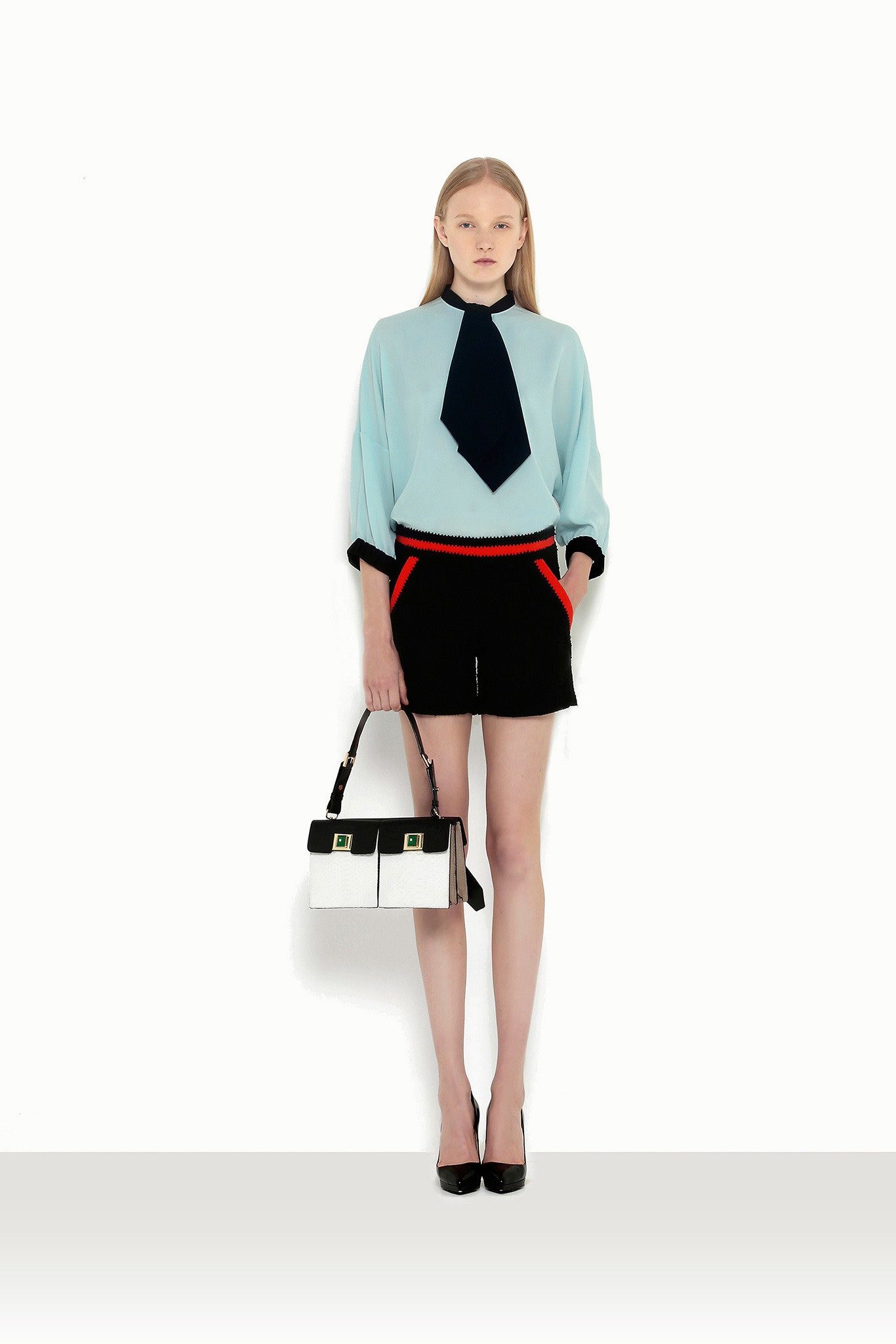 blue silk long-sleeve collared relaxed buttoned blouse