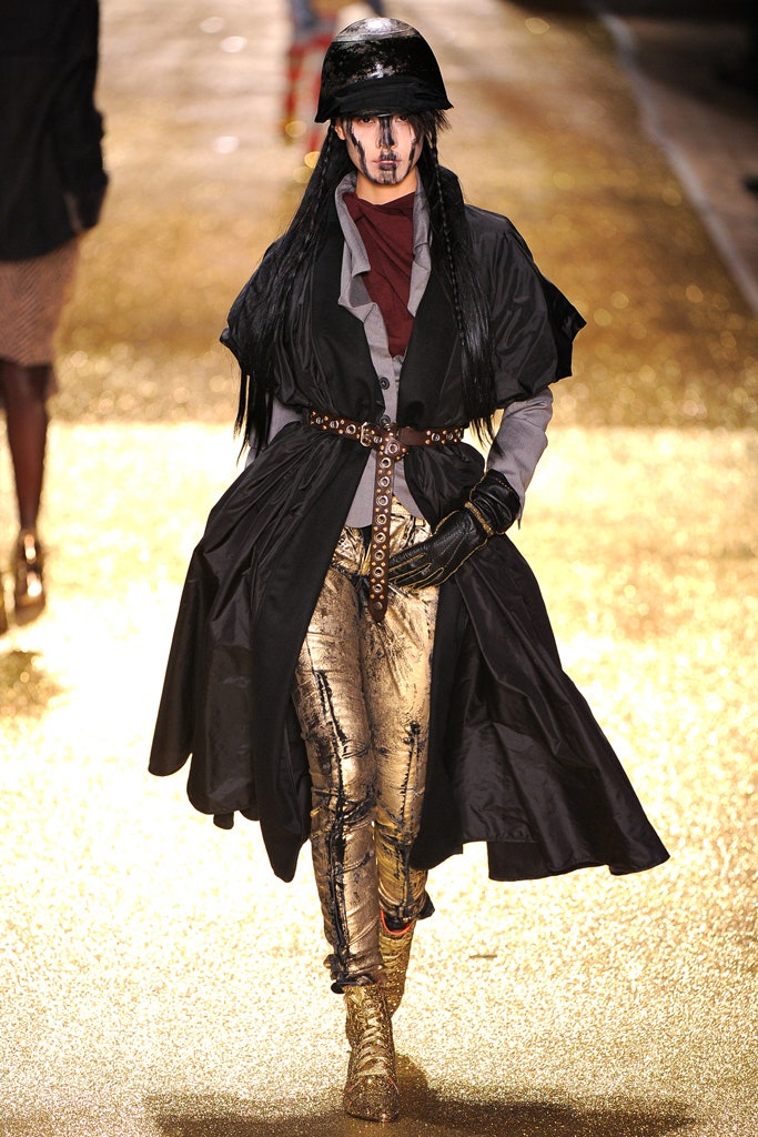 black silk relaxed coat with gold pants