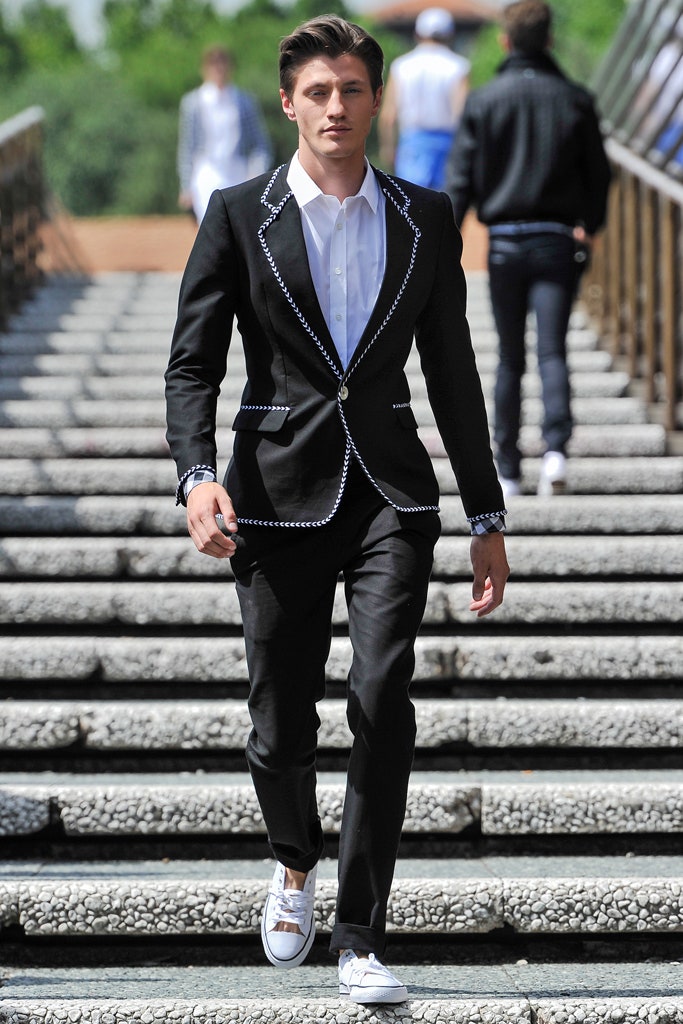 black tailored suit with white shirt
