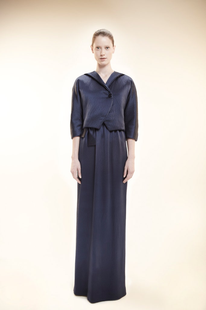 blue silk short-sleeve collared structured jacket