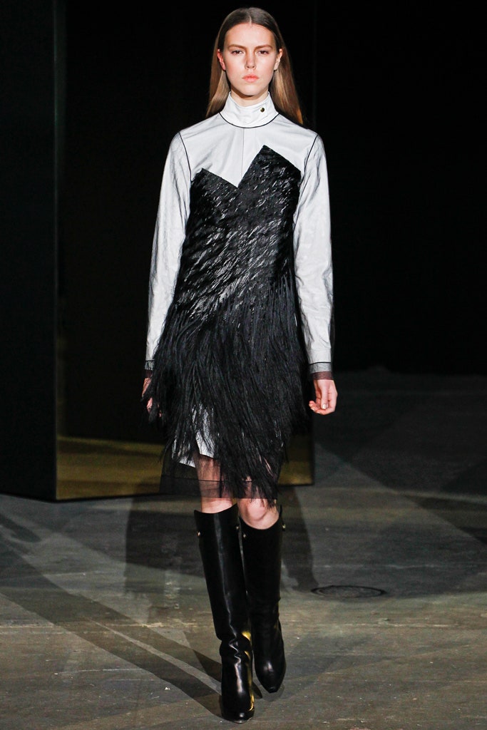 black silk long-sleeve collared fitted fringed layered dress