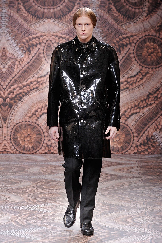 black vinyl long-sleeve collared relaxed buttoned shiny coat