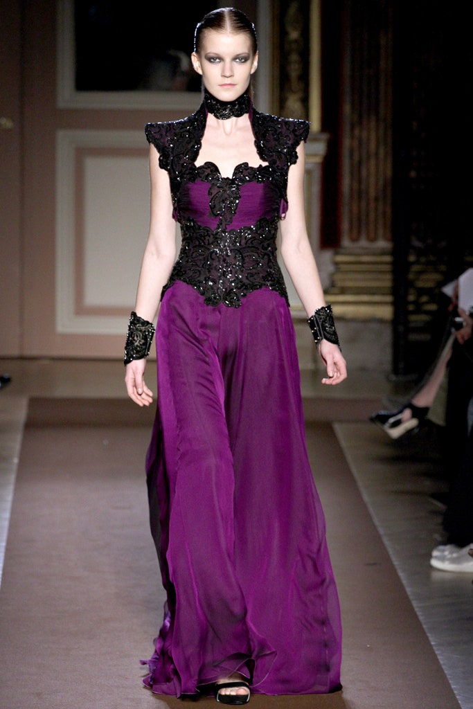 purple silk fitted gown