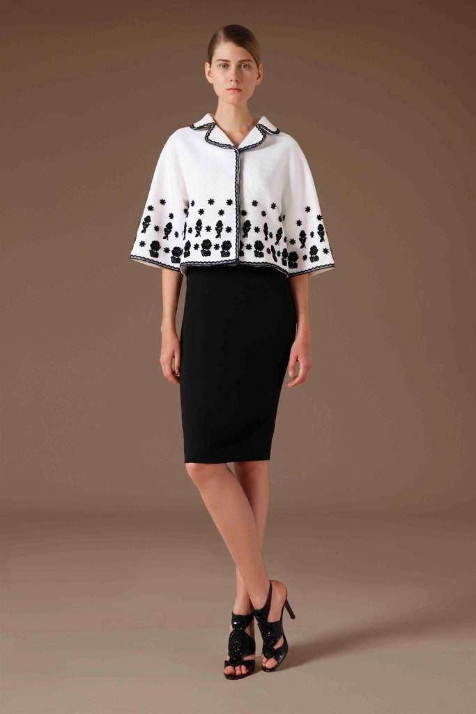black pencil skirt with embroidered cape
