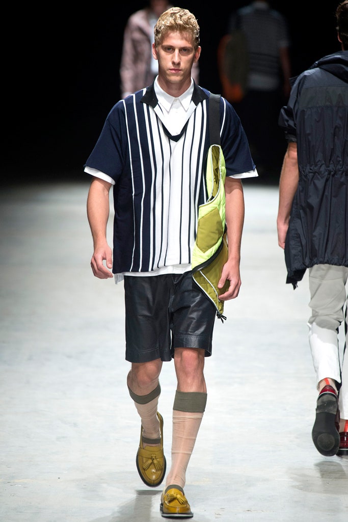 navy and white striped shirt with black leather shorts