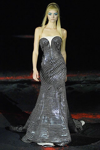 black and white striped gown