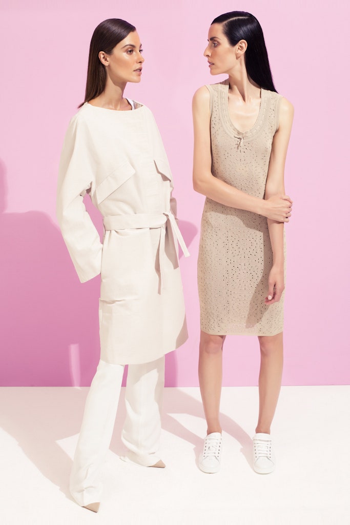 beige relaxed coat and fitted dress