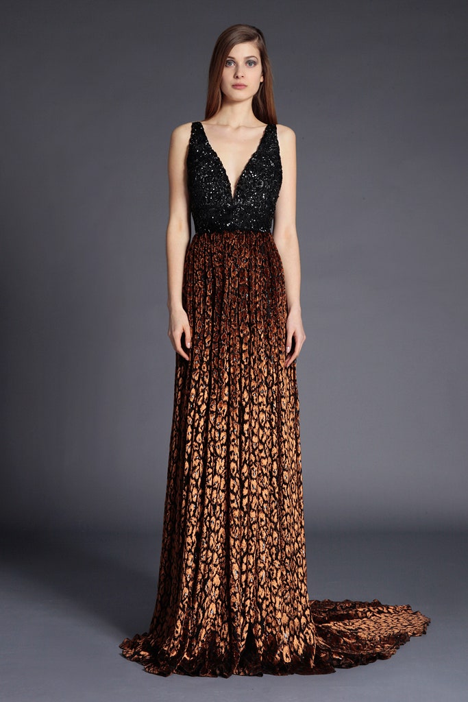 black and brown velvet gown