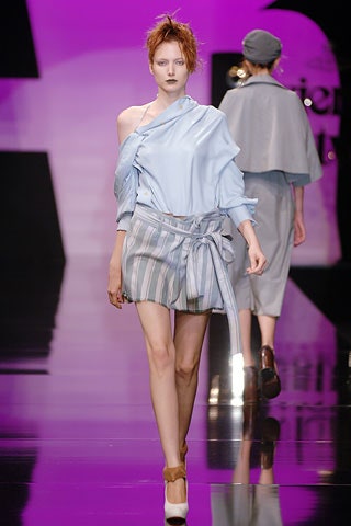 blue silk off-shoulder top and gray striped mini skirt