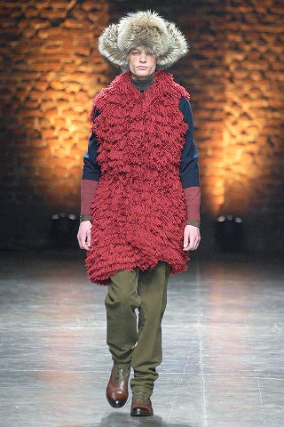 red fur coat with green pants