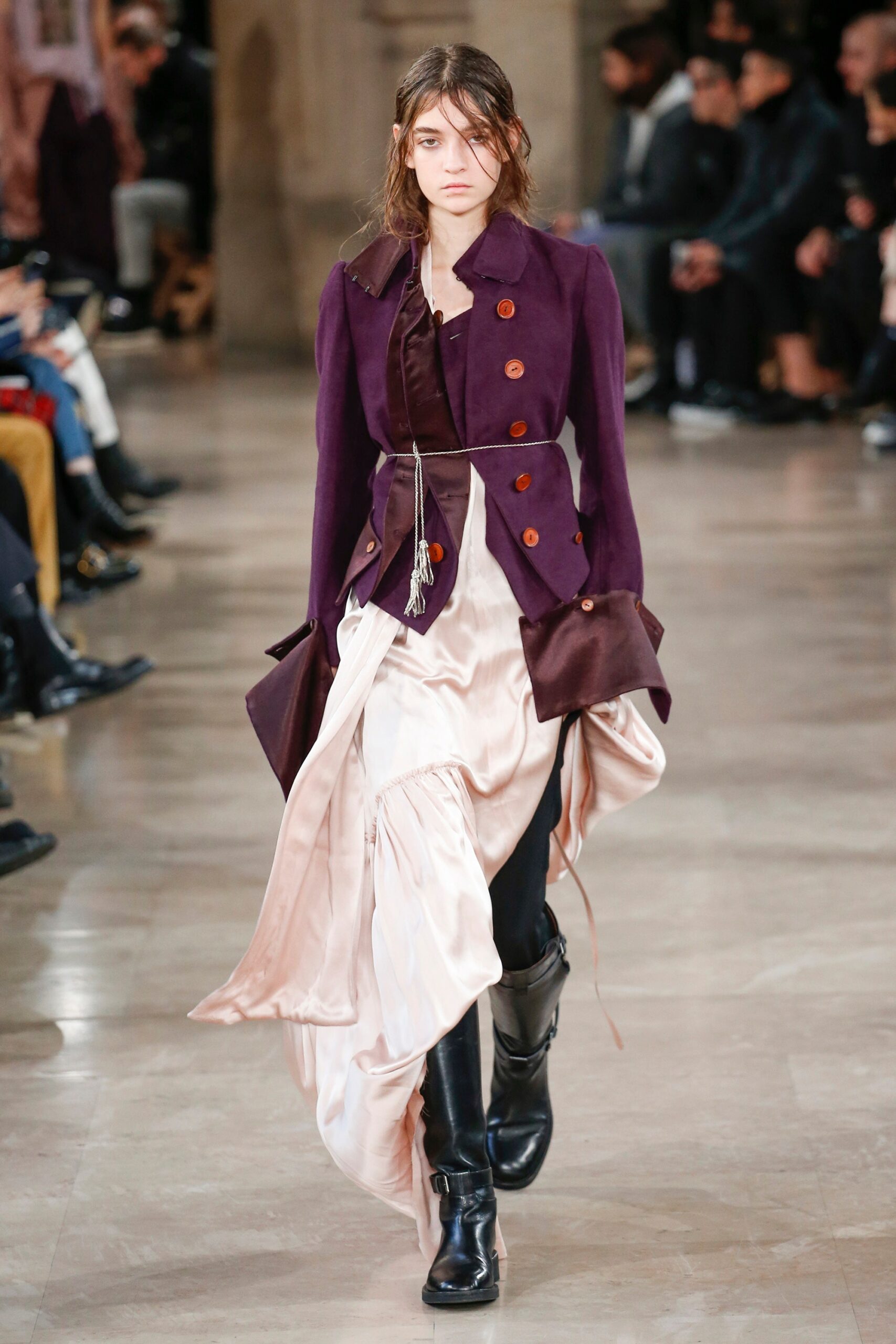 purple jacket beige dress black boots