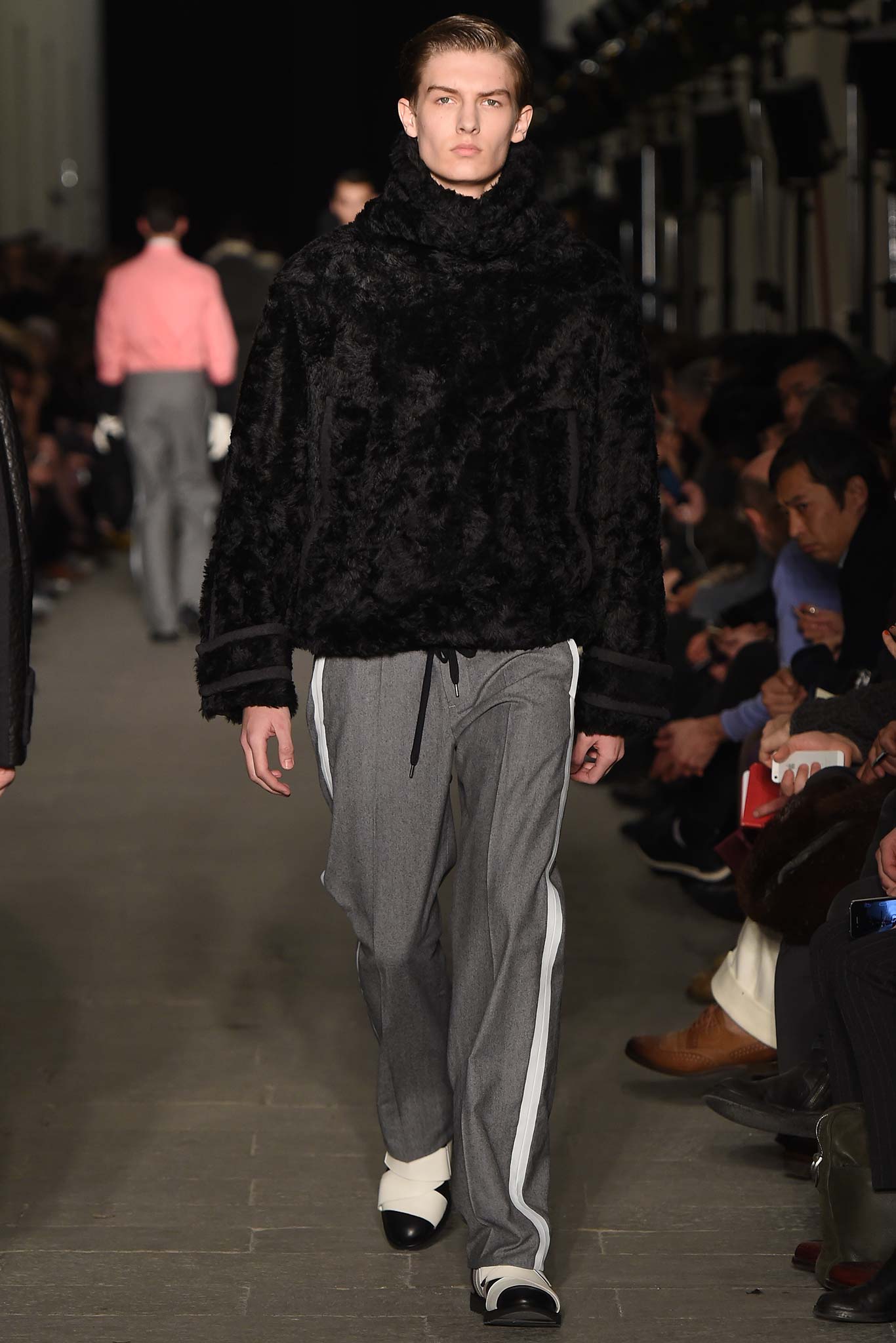 black faux-fur long-sleeve high-neck relaxed textured jacket