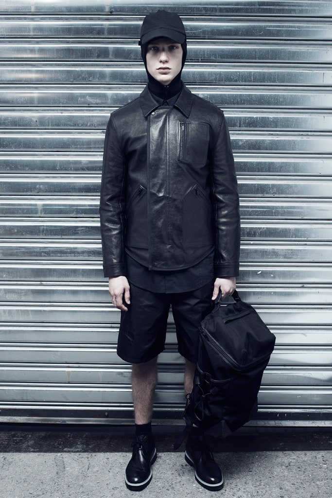black leather jacket with shorts