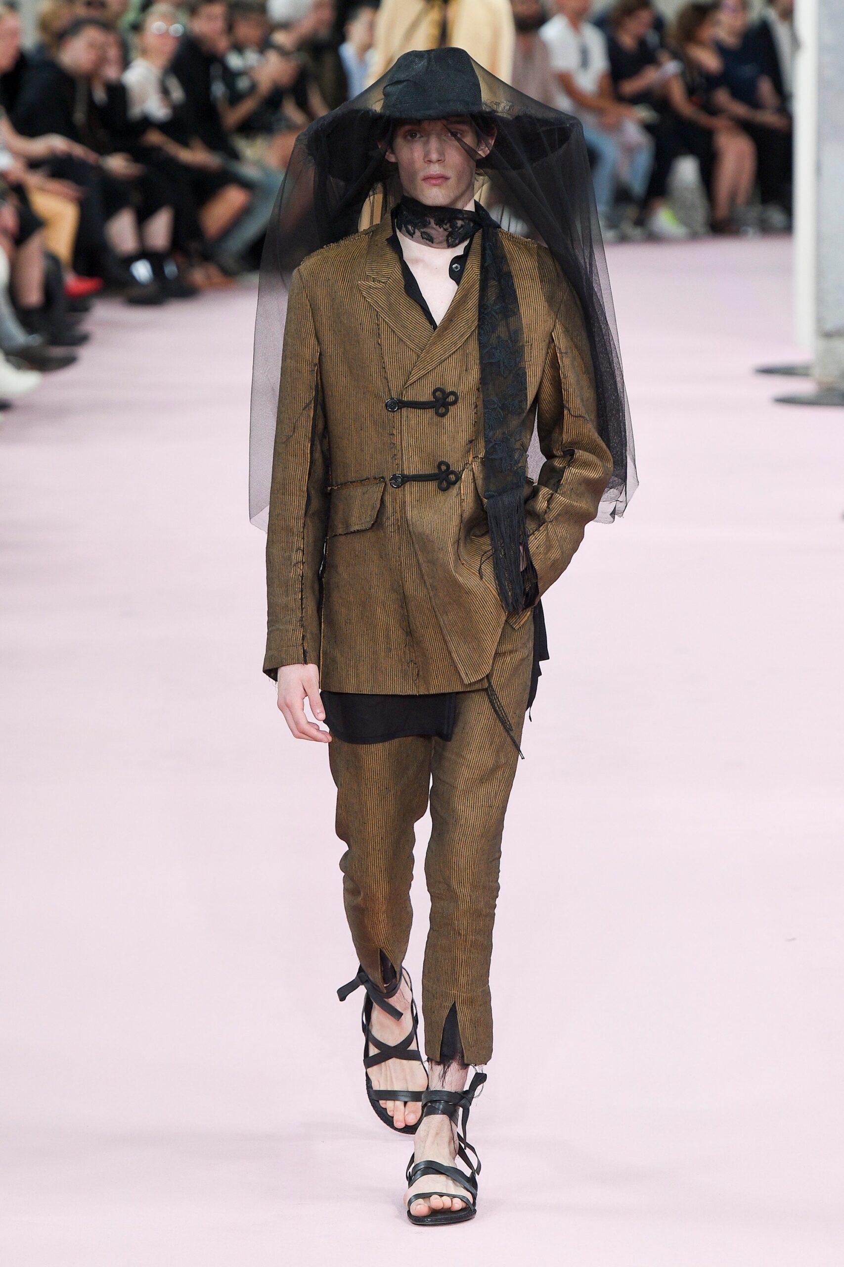 brown linen long-sleeve collared tailored buttoned flared suit