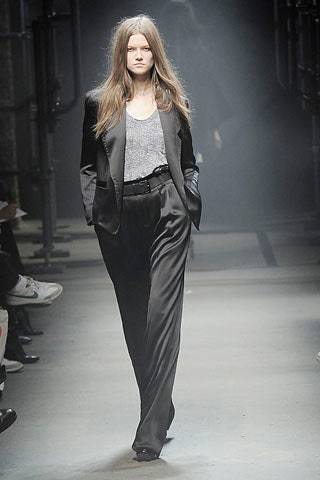 black silk long-sleeve collared tailored straight-leg shiny suit