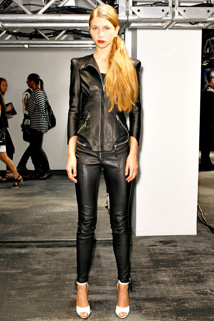 black leather fitted jacket and pants