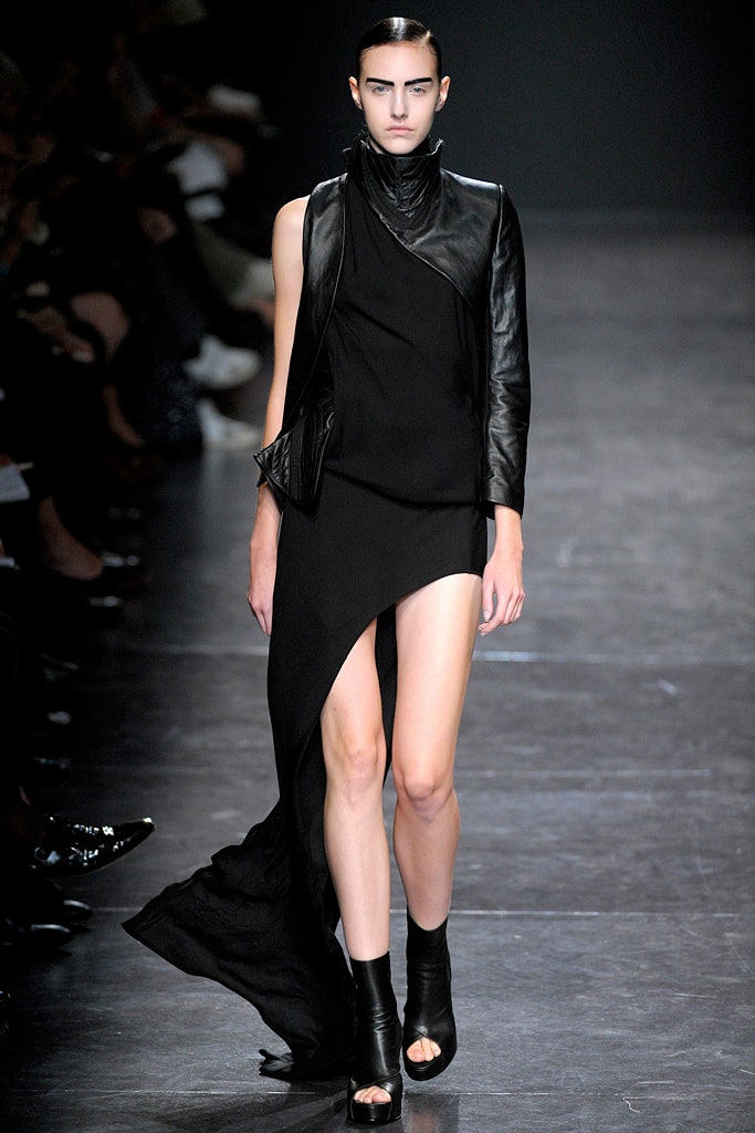 black silk asymmetric dress with leather jacket