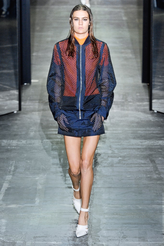 blue mesh long-sleeve collared fitted zippered jacket