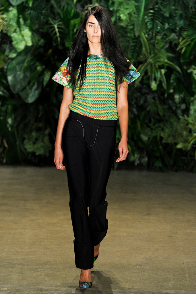 colorful fitted top with tailored pants