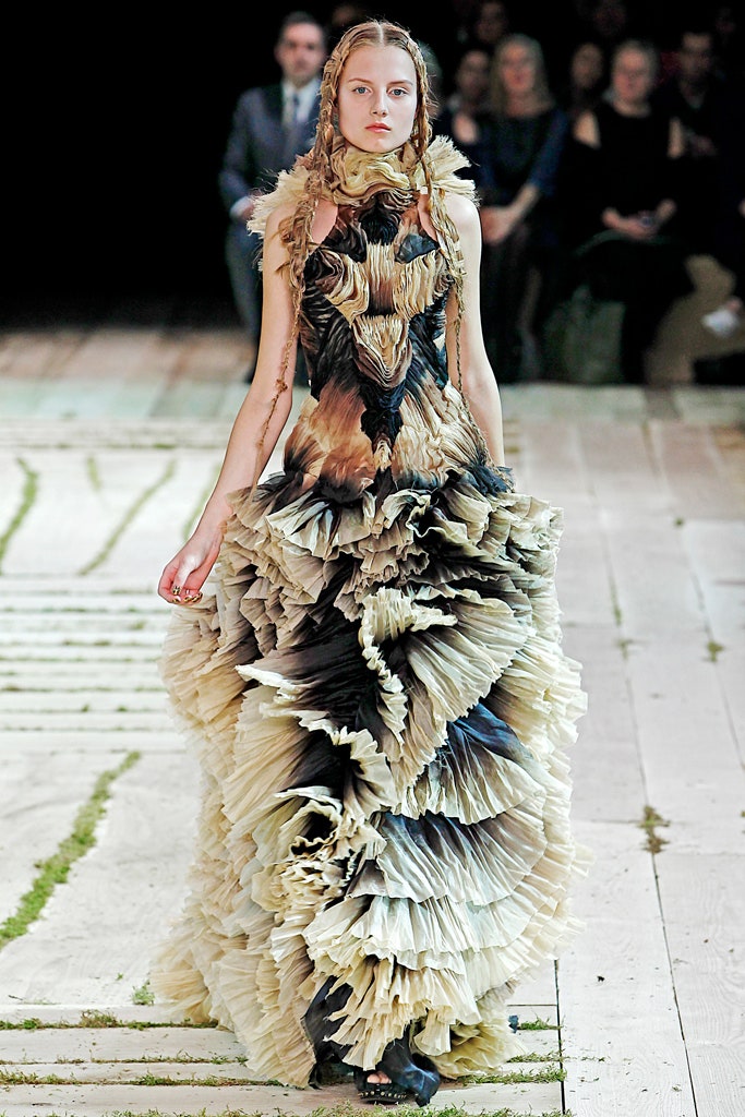 black and beige pleated gown