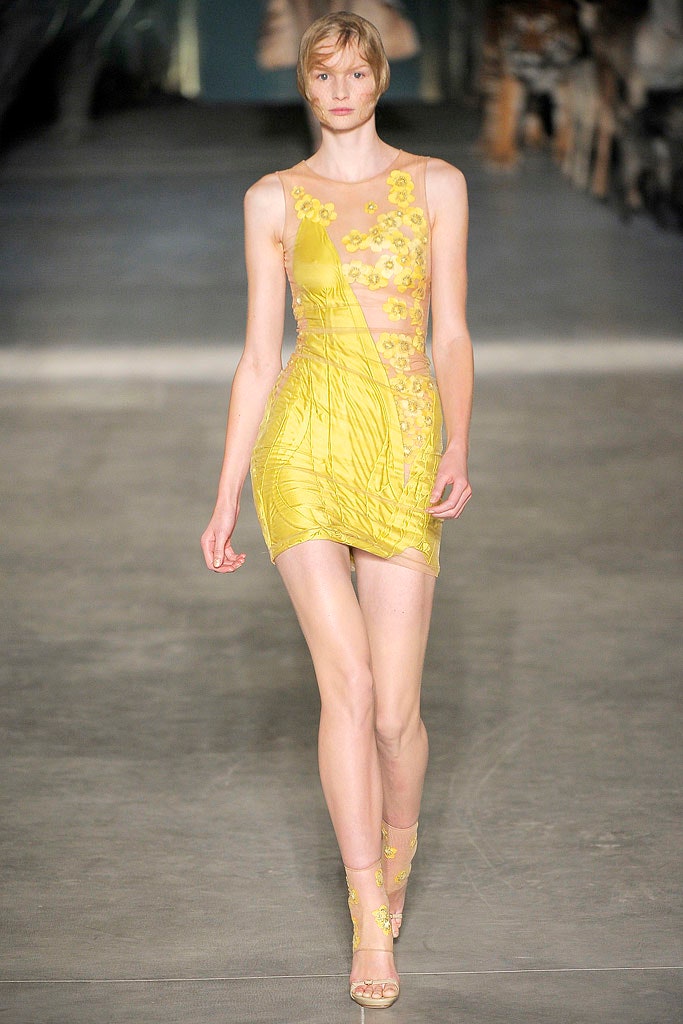 yellow silk sleeveless v-neck fitted ruched embroidered dress