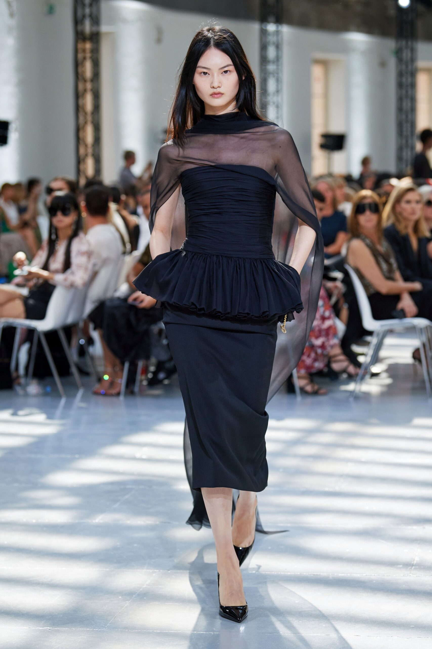 black silk sleeveless high-neck fitted ruched flared dress