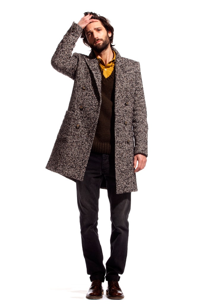 gray wool tailored coat with brown sweater