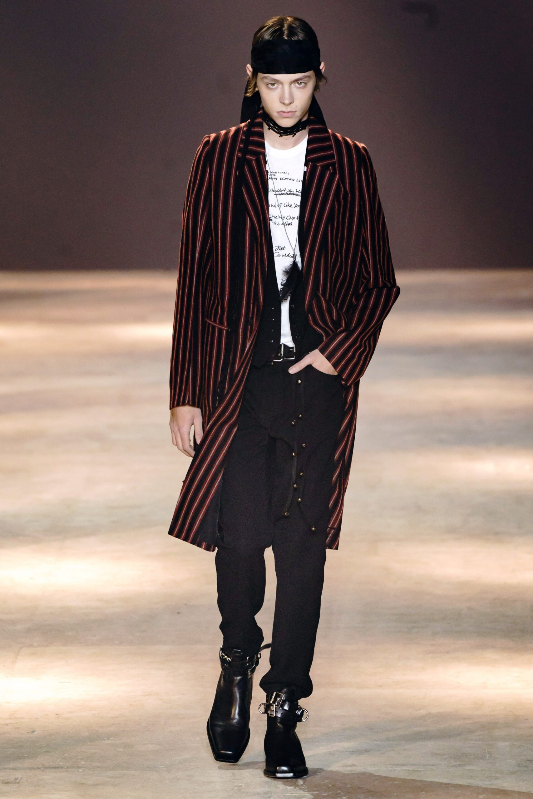 black wool long-sleeve collared relaxed striped coat