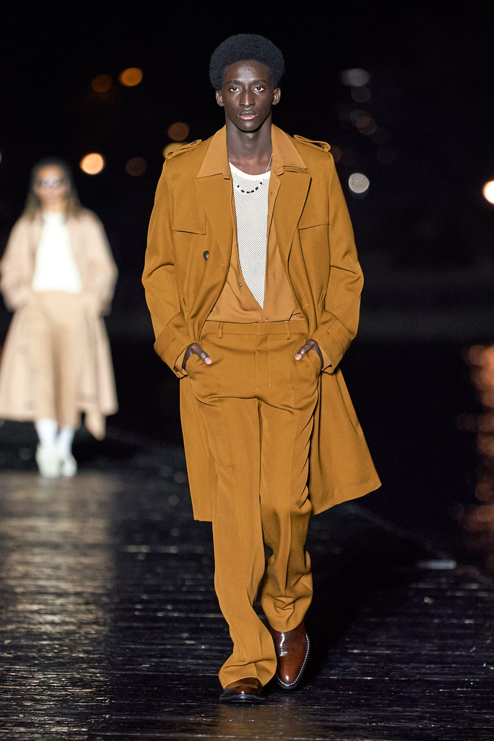 brown tailored suit with beige shirt