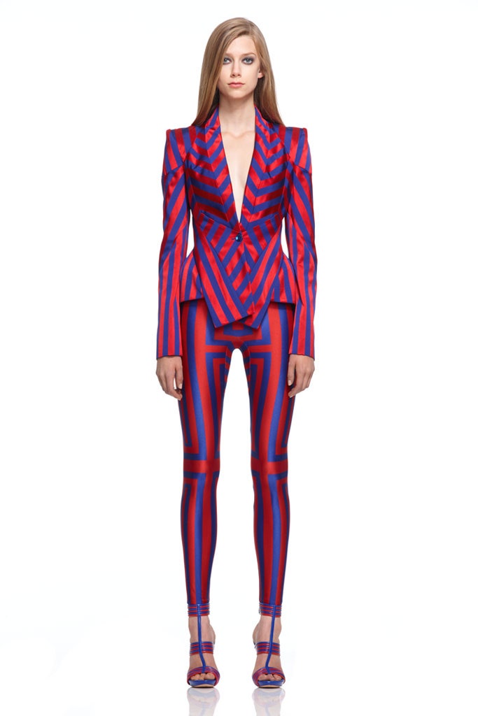 striped red and blue blazer with leggings