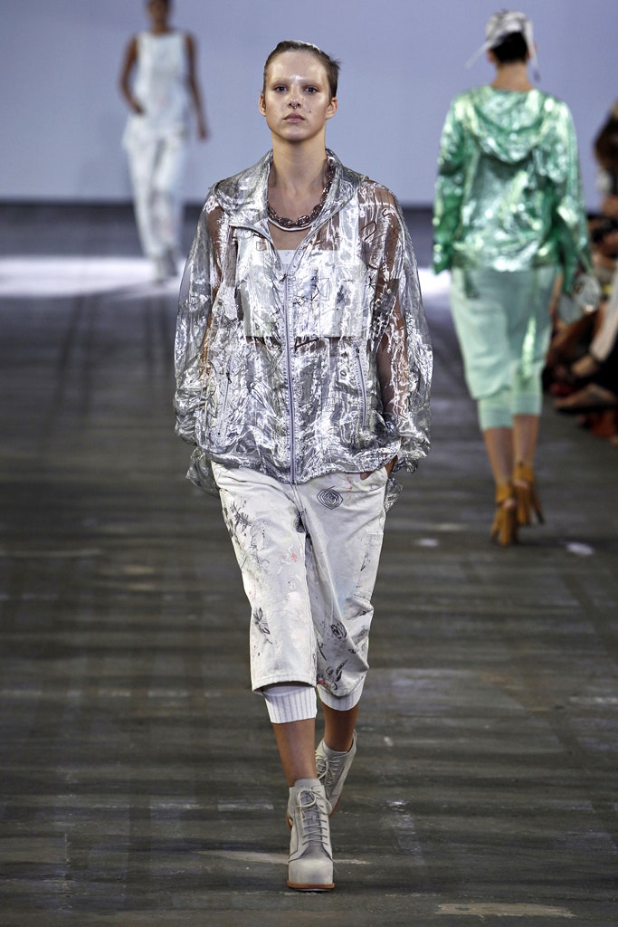 gray metallic long-sleeve hooded relaxed zippered shiny jacket