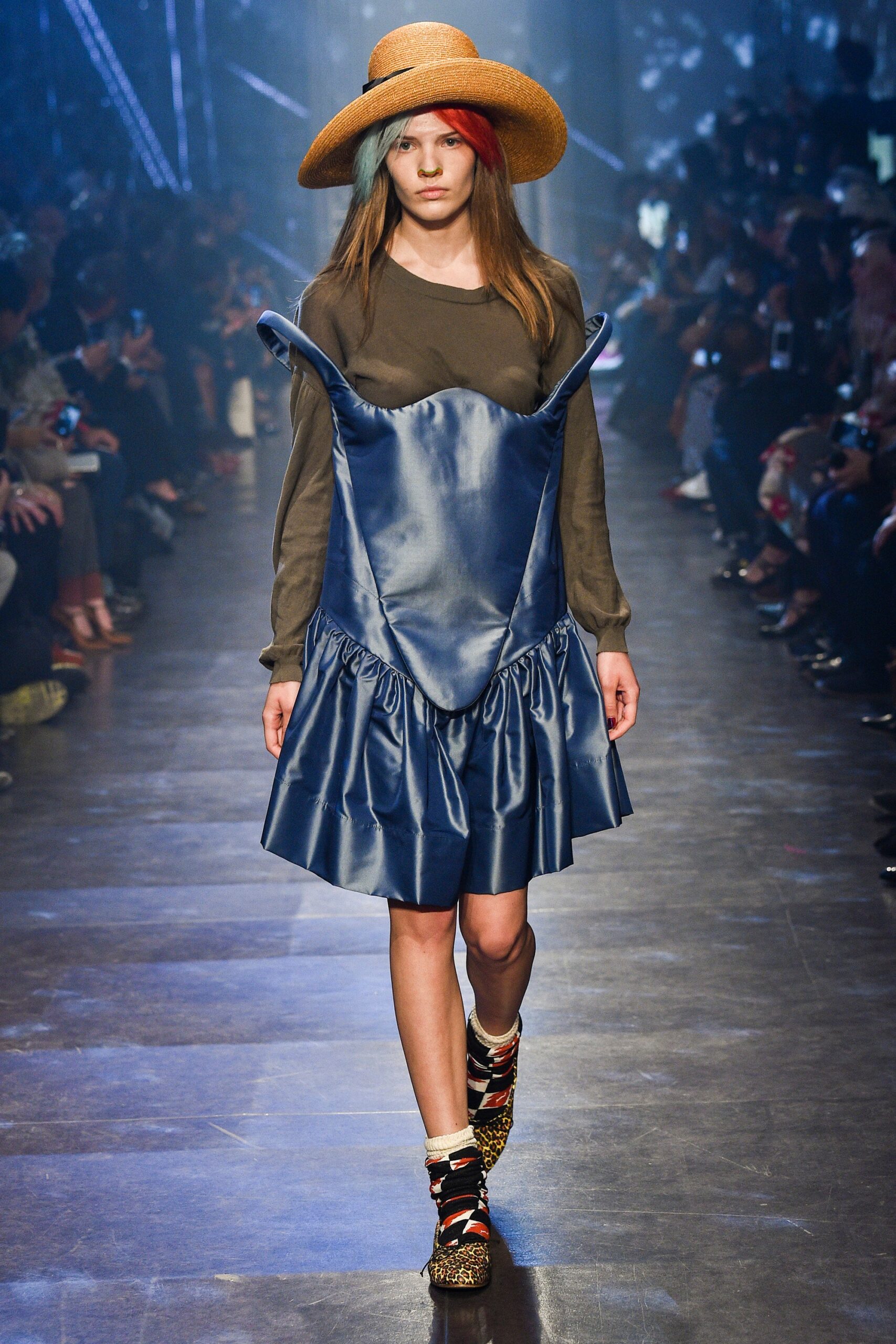 blue silk mini dress with gray top