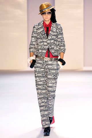 printed black and white blazer with tailored pants