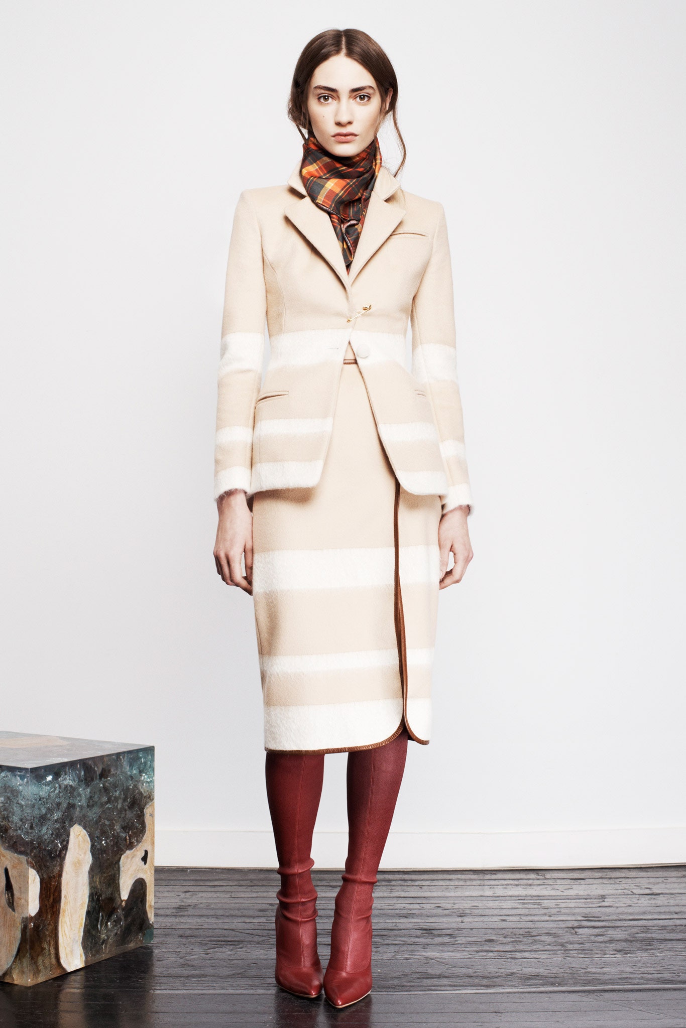 beige wool asymmetric fitted pencil midi skirt