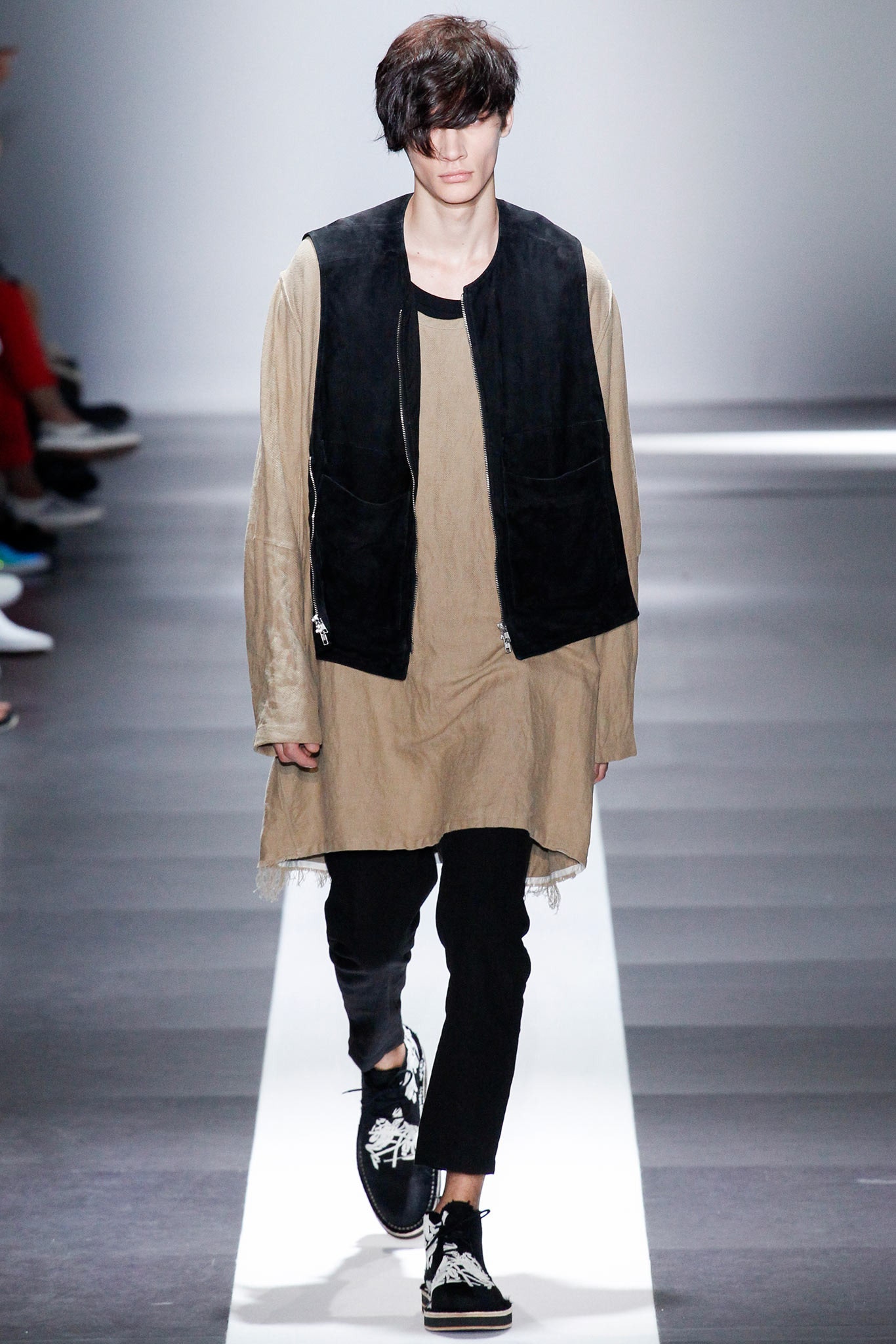 black suede vest with beige shirt