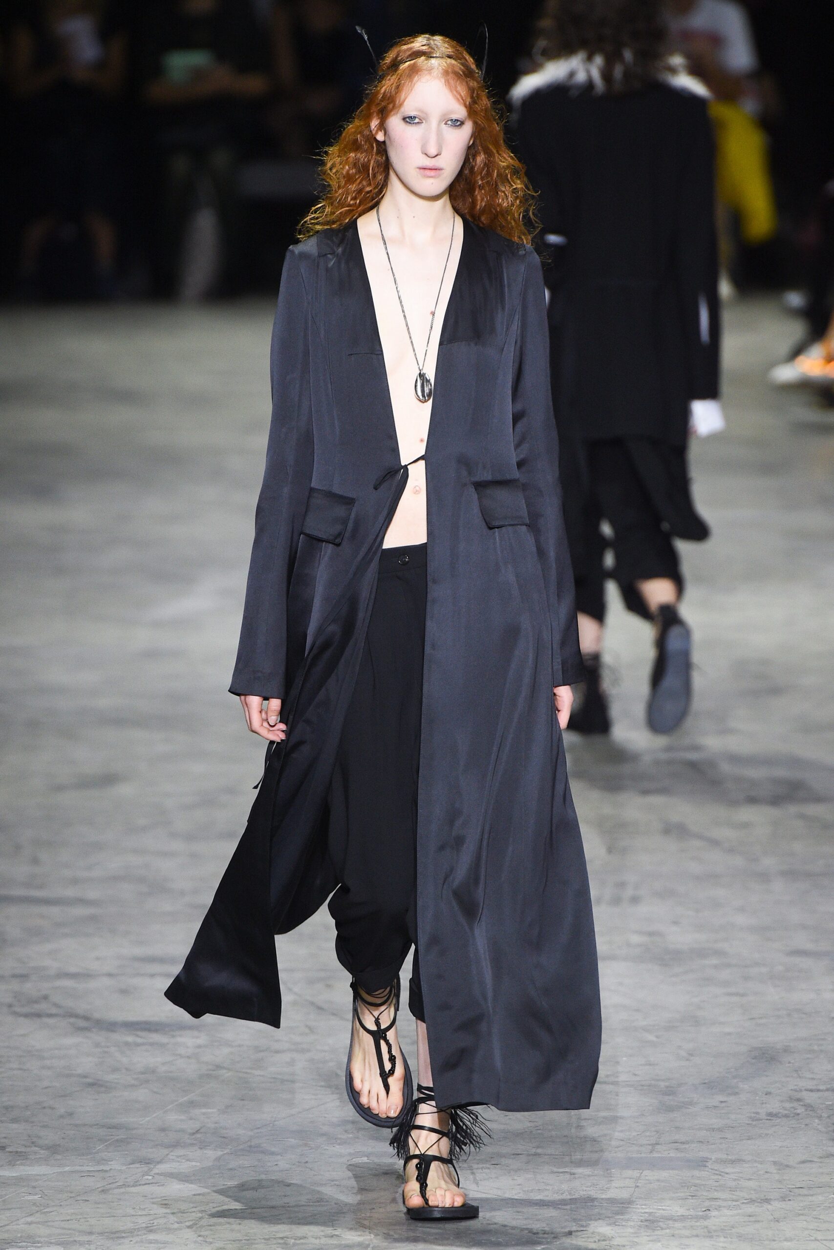 black silk coat with relaxed pants