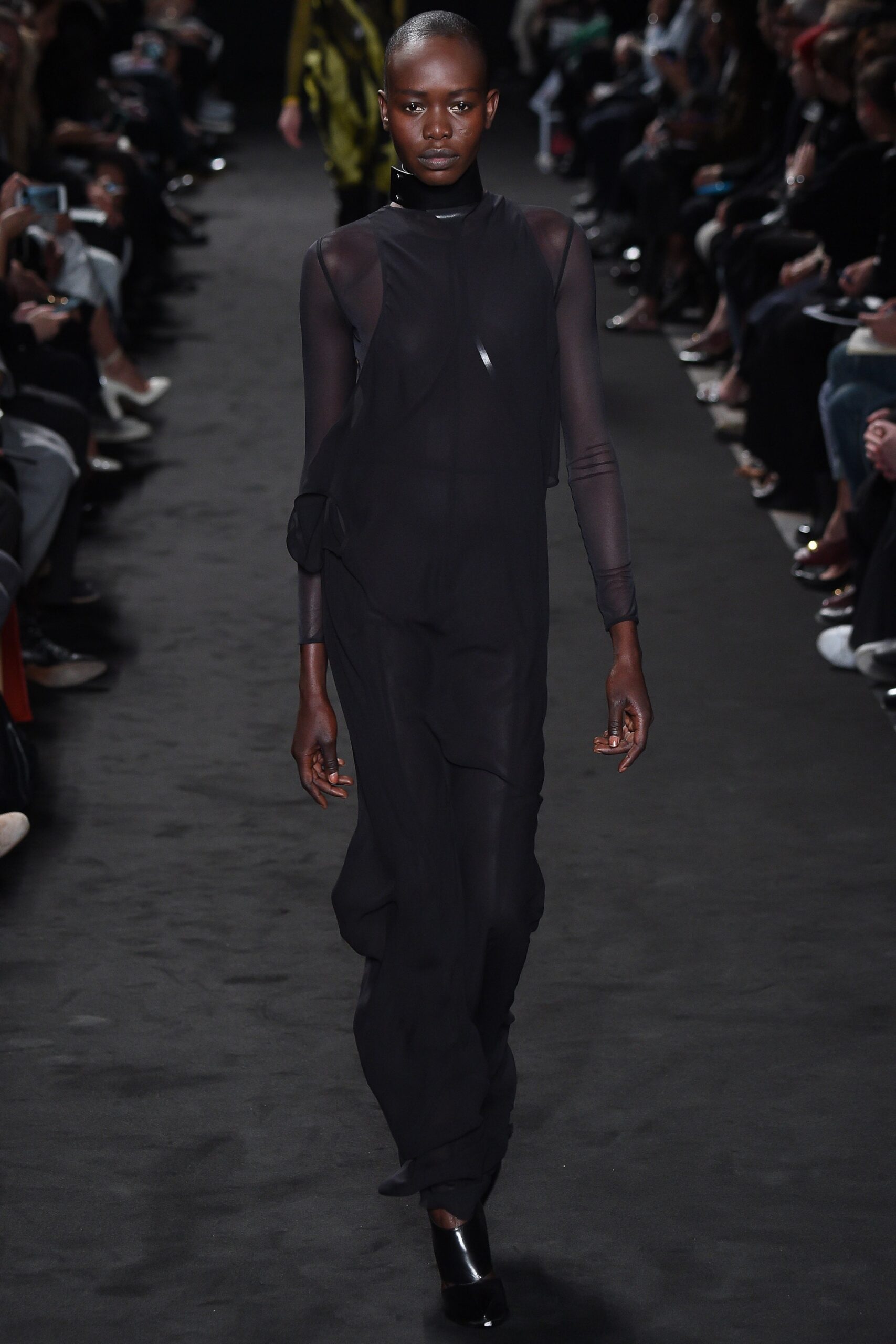 black silk long-sleeve dress
