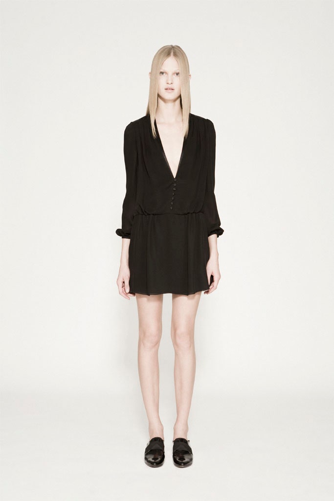 black silk long-sleeve v-neck fitted buttoned a-line dress