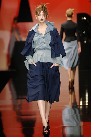 blue cotton jacket and navy skirt