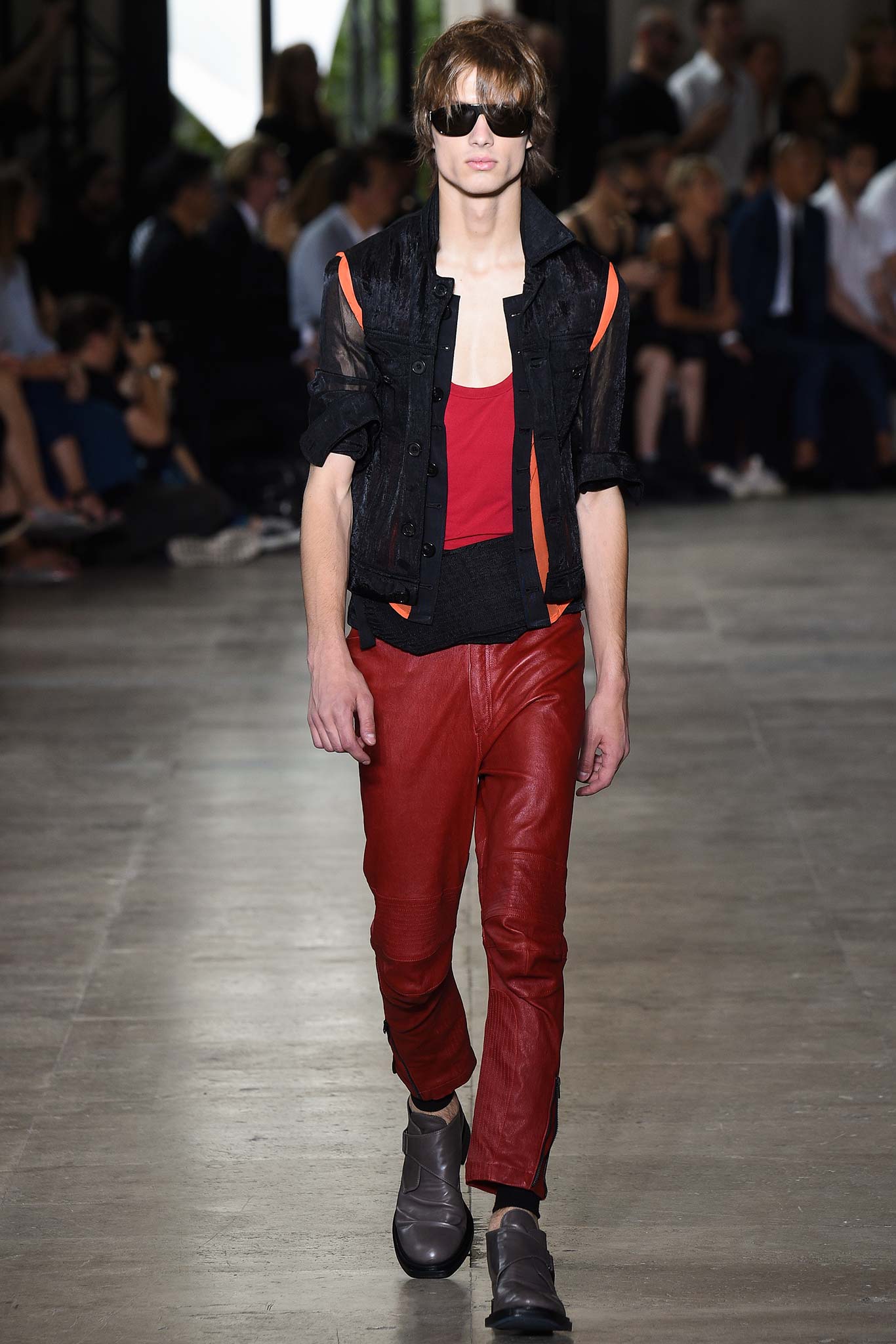 black leather jacket with red top