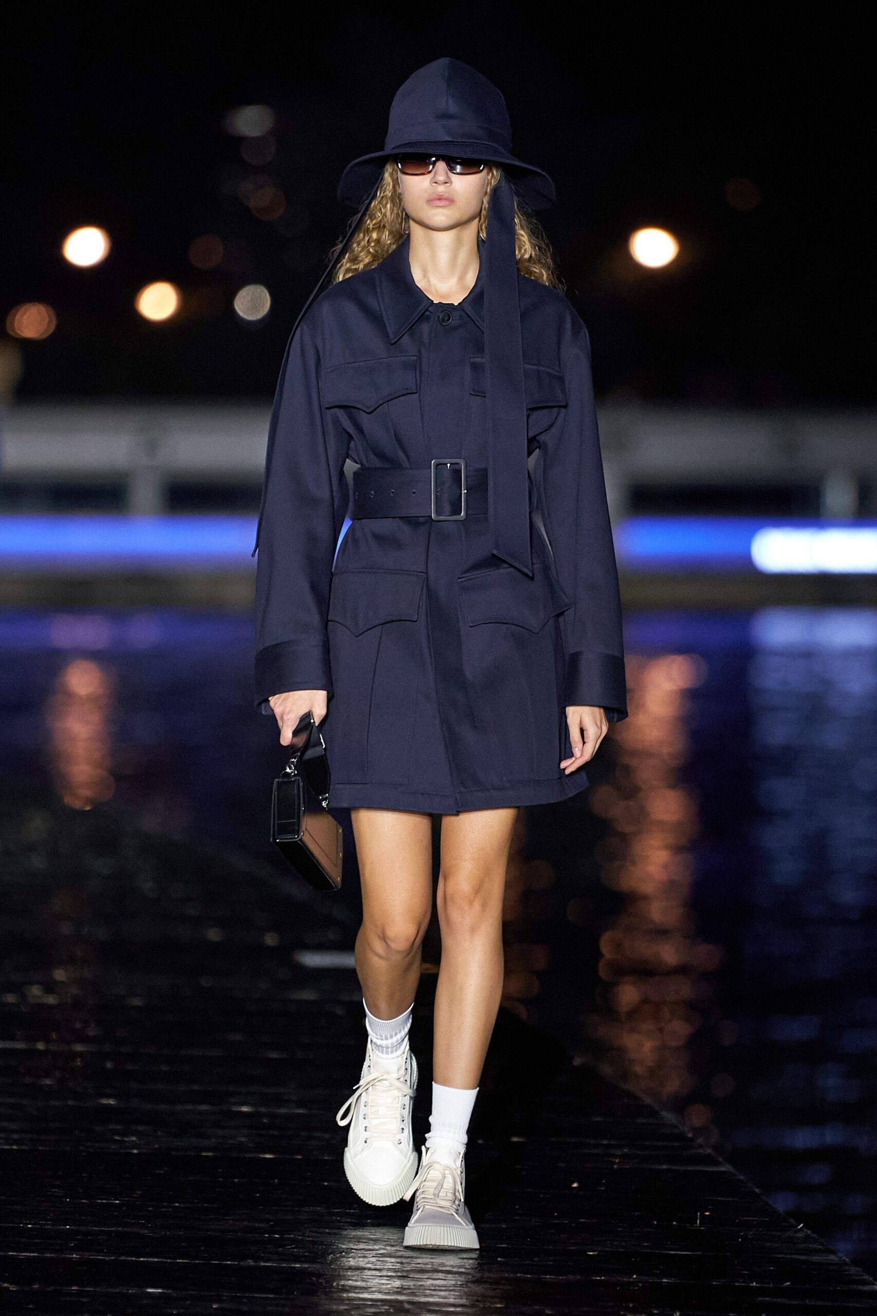 navy belted coat with hat