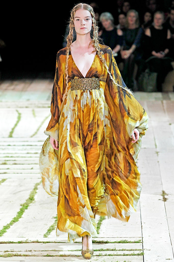 yellow and brown flowing gown