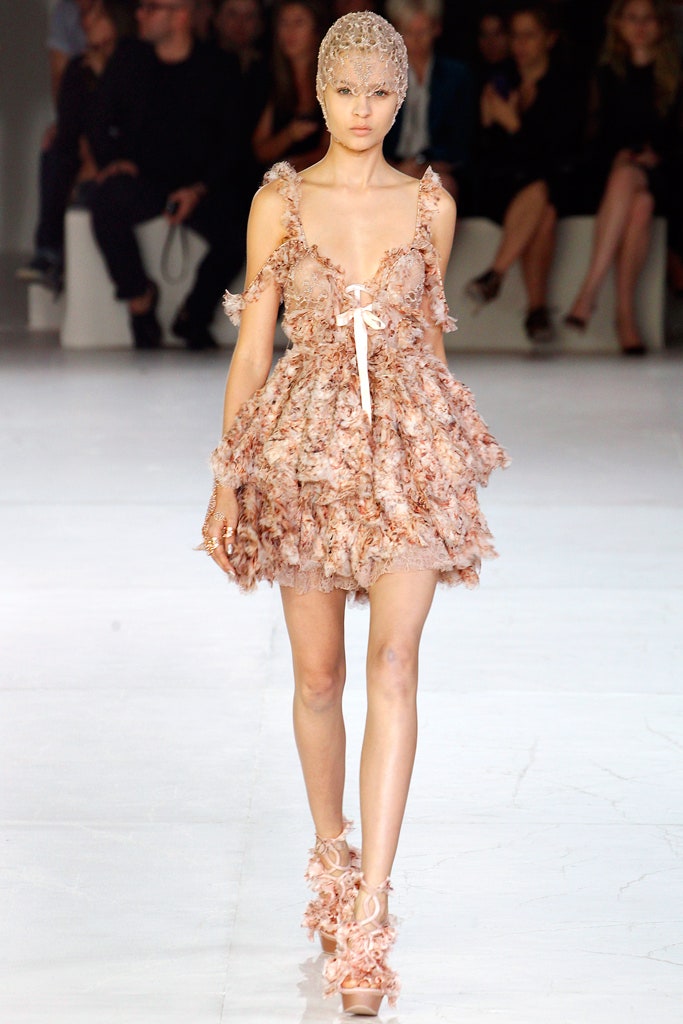 pink silk sleeveless v-neck fitted ruffled tiered dress